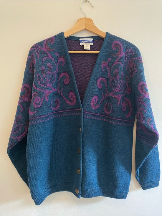 Pendleton Sweaters - Vintage 100% Wool Made in USA Pendleton Teal & Purple Jacquard Cardigan Sz L
